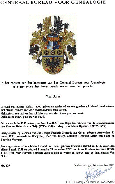 certificaat Familiewapen Van Geijn